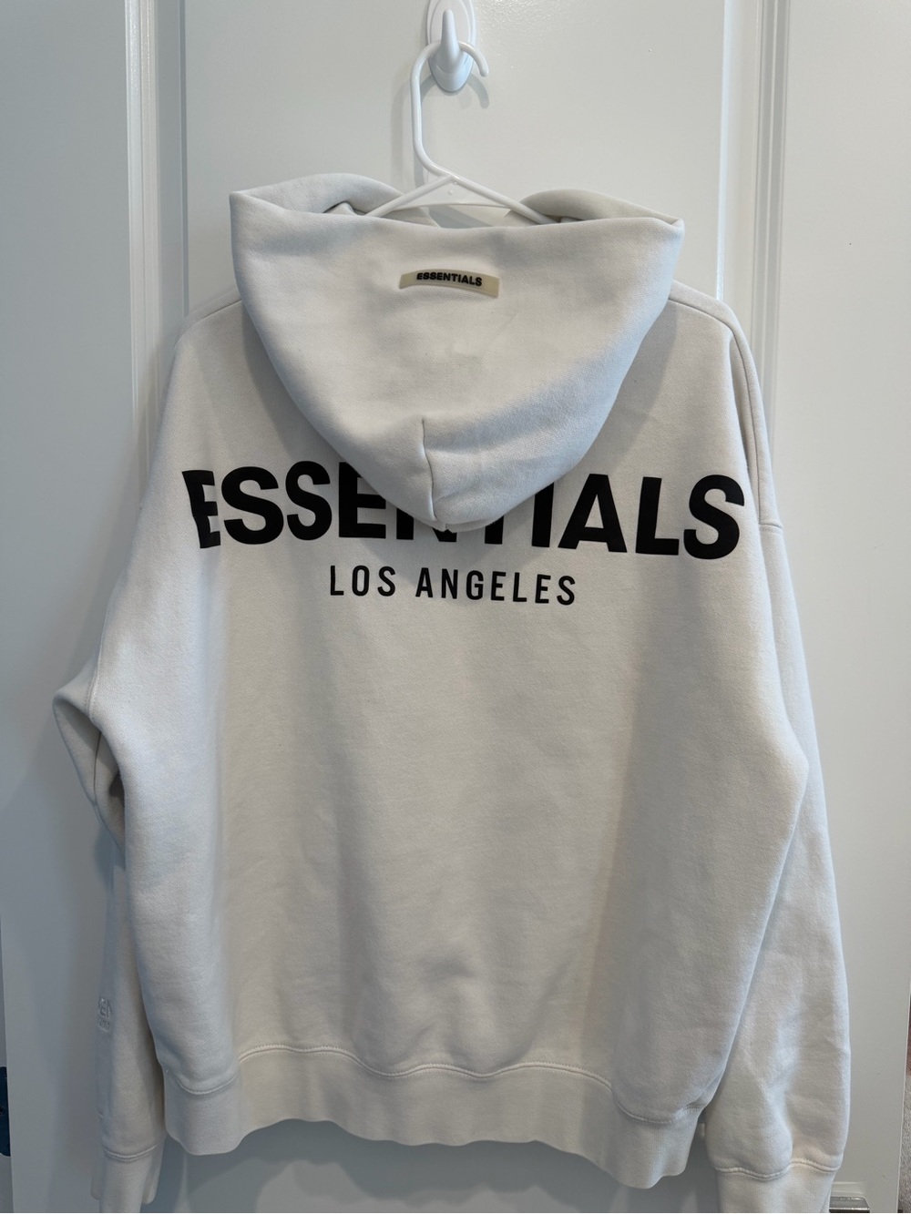 Essentials White Hoodie with Black ESSENTIALS Back Logo
